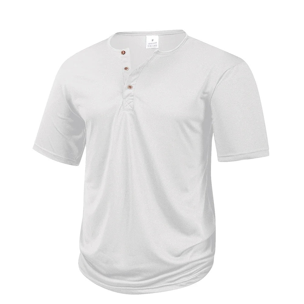 White lightweight henley with curved hem, front view