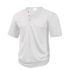 White lightweight henley with curved hem, front view