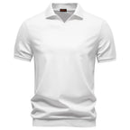 White men's buttonless open-collar polo with ribbed hem and cuffs, front view