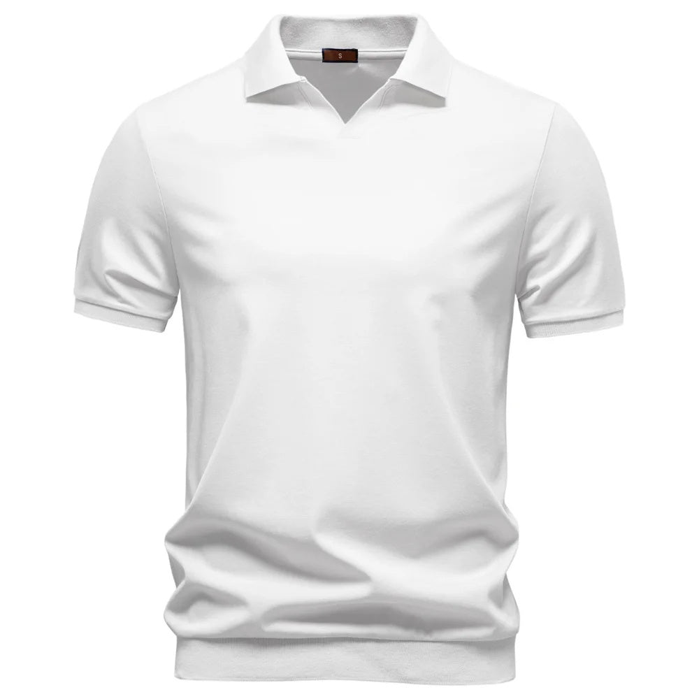 White men's buttonless open-collar polo with ribbed hem and cuffs, front view
