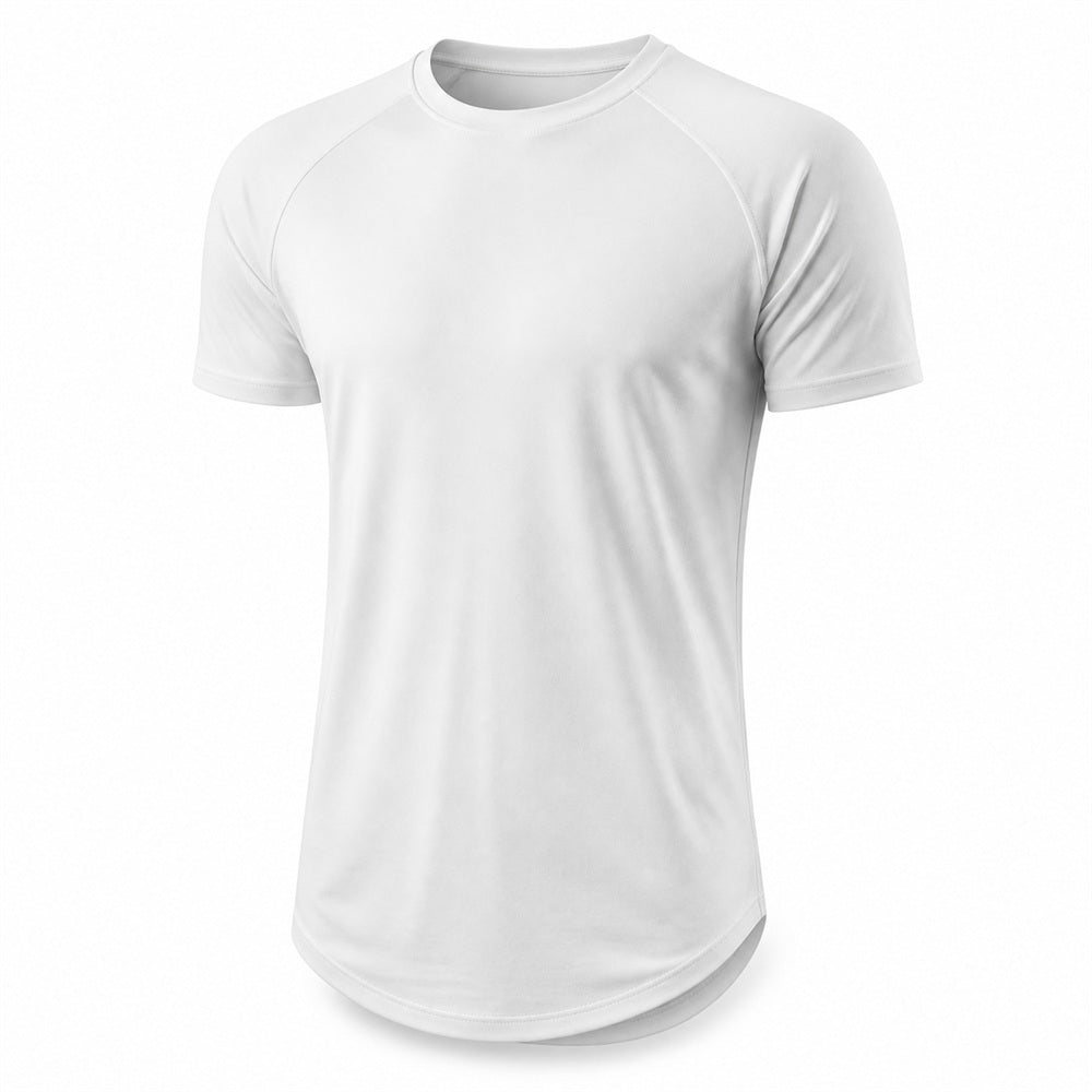 White gym t-shirt with curved hem, front view