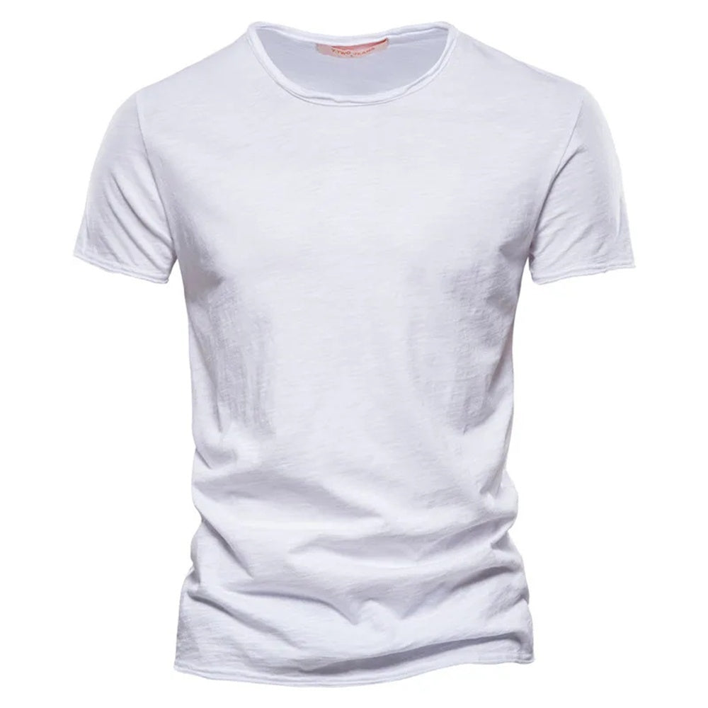White men's crew neck t-shirt in slub-textured knit, front view