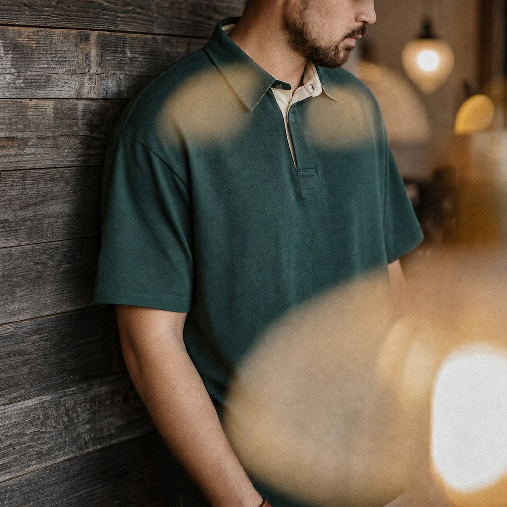 Man in the forest green retro polo, close view