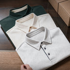 Stacked creamy white, heather grey and forest green retro polos