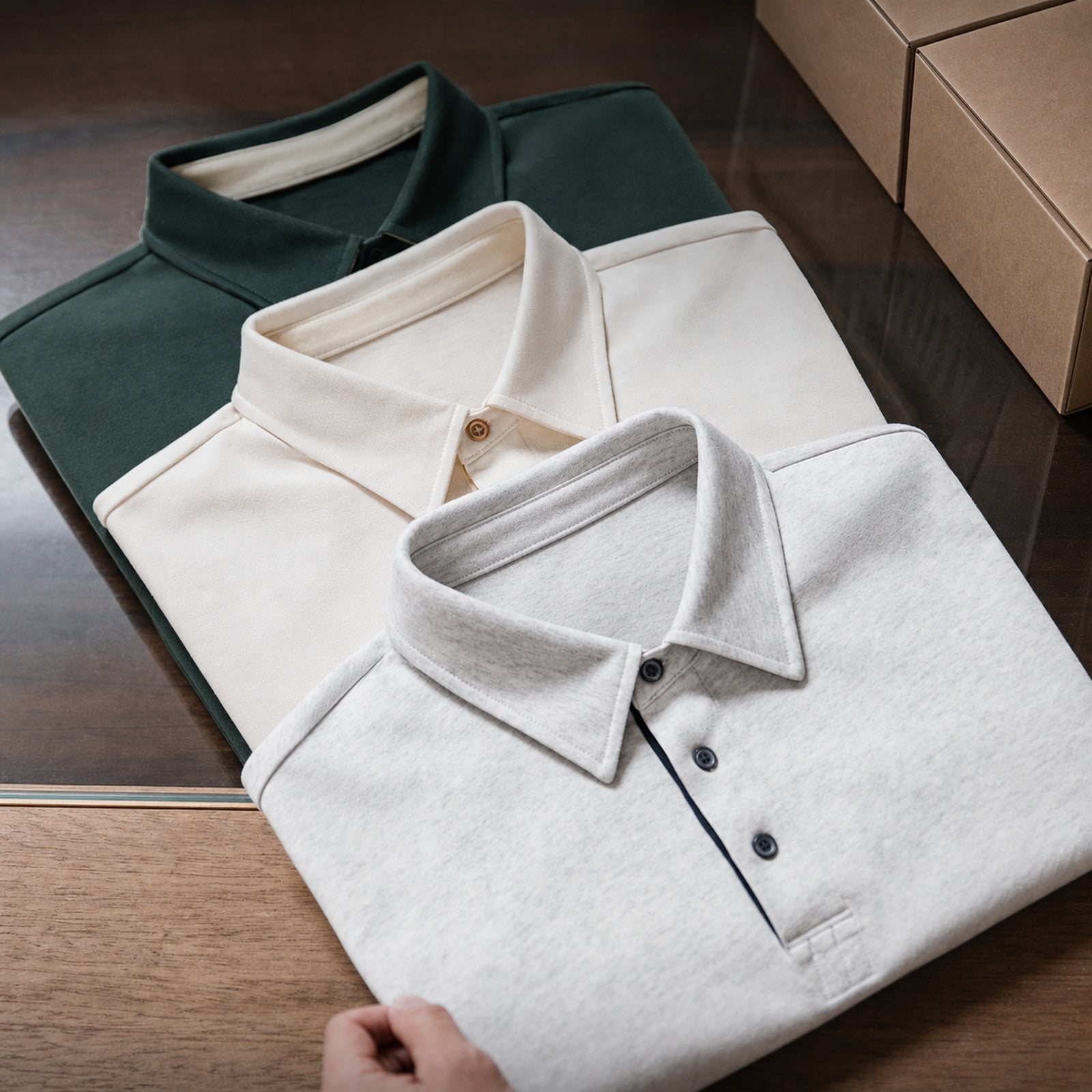 Stacked creamy white, heather grey and forest green retro polos