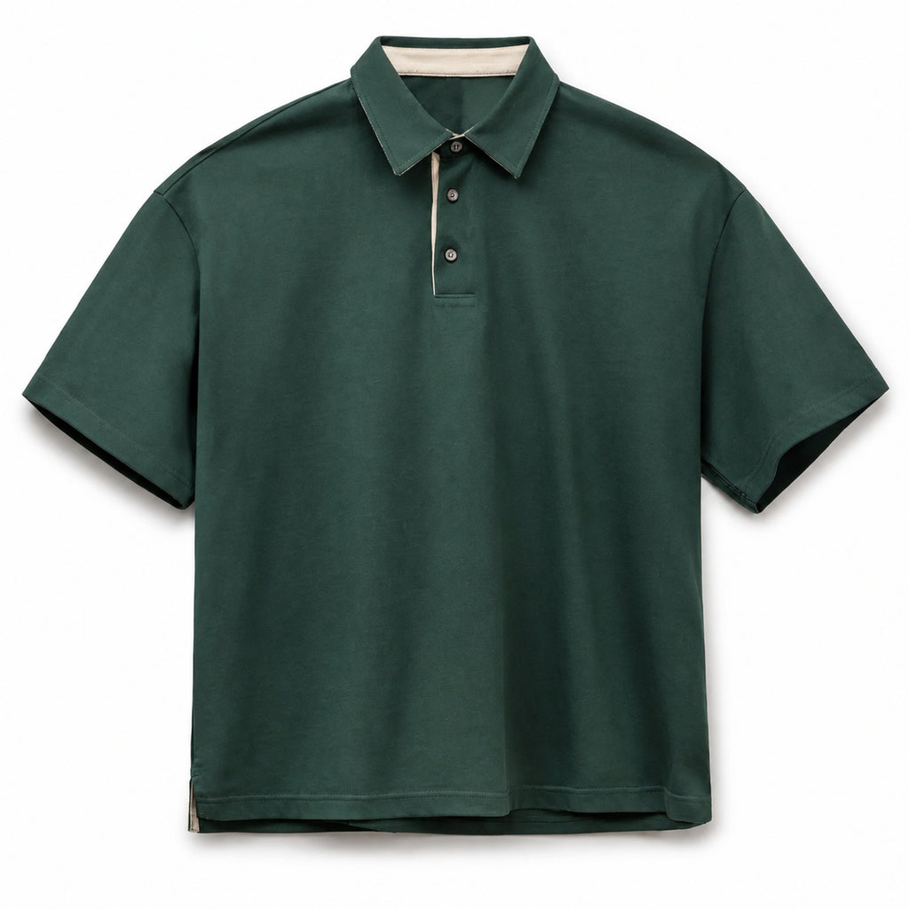 Forest green retro polo with contrast tape placket, flat front view