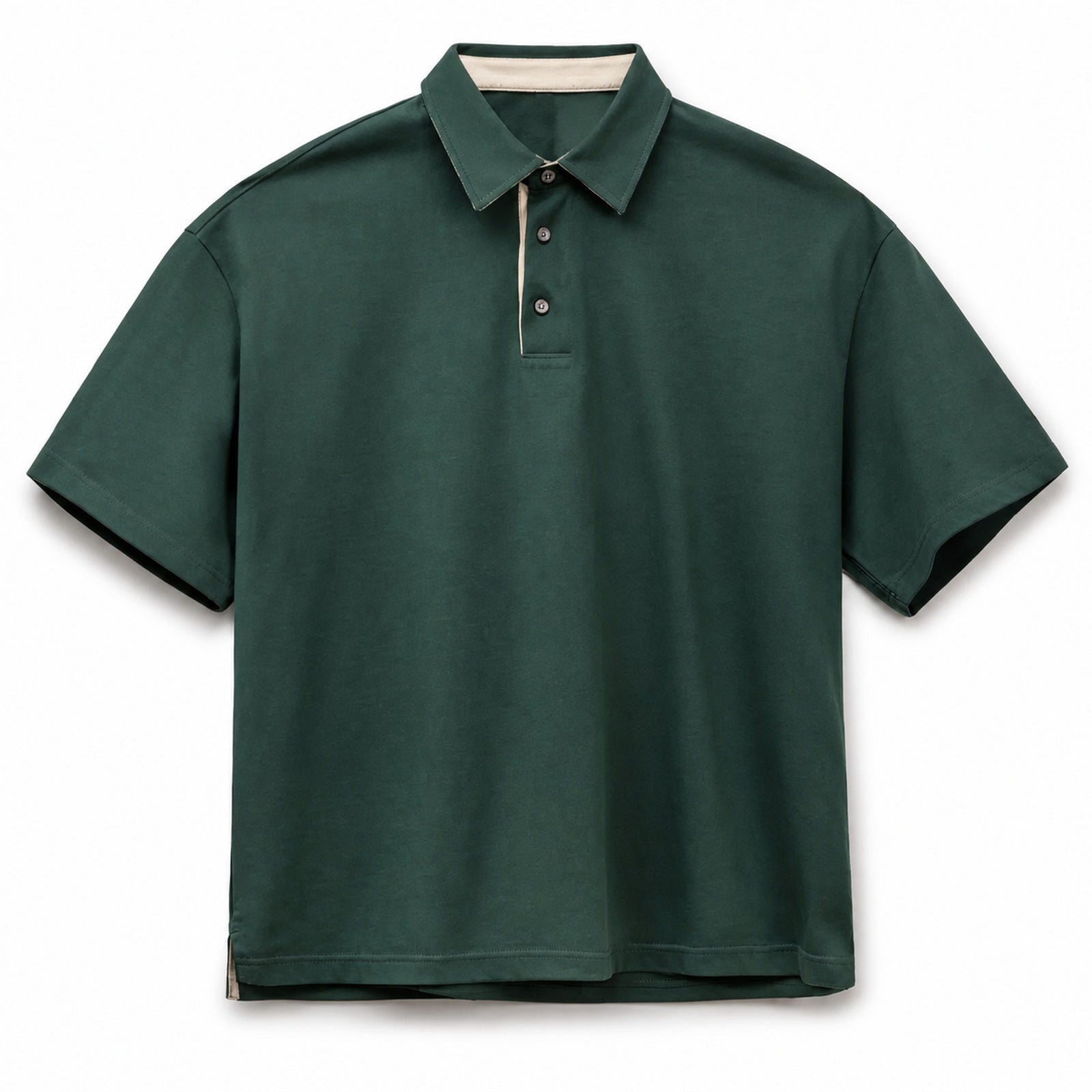 Forest green retro polo with contrast tape placket, flat front view
