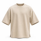 Beige oversized boxy t-shirt, flat front view