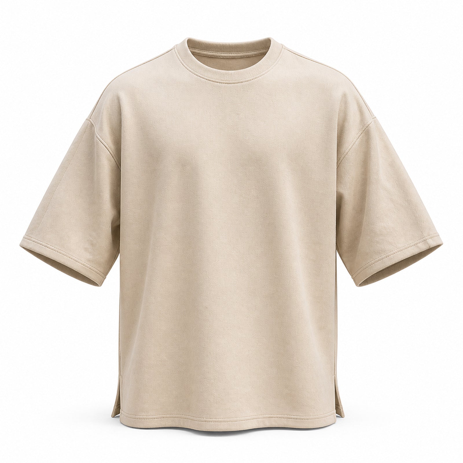 Beige oversized boxy t-shirt, flat front view