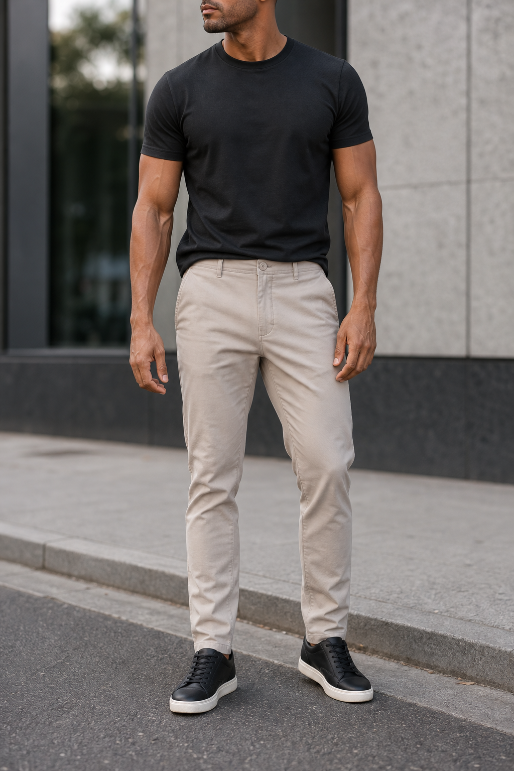 Men's Slim Cotton Trousers in beige worn with a black tee and sneakers