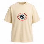 Beige t-shirt with embroidered guardian eye motif, invisible mannequin front view