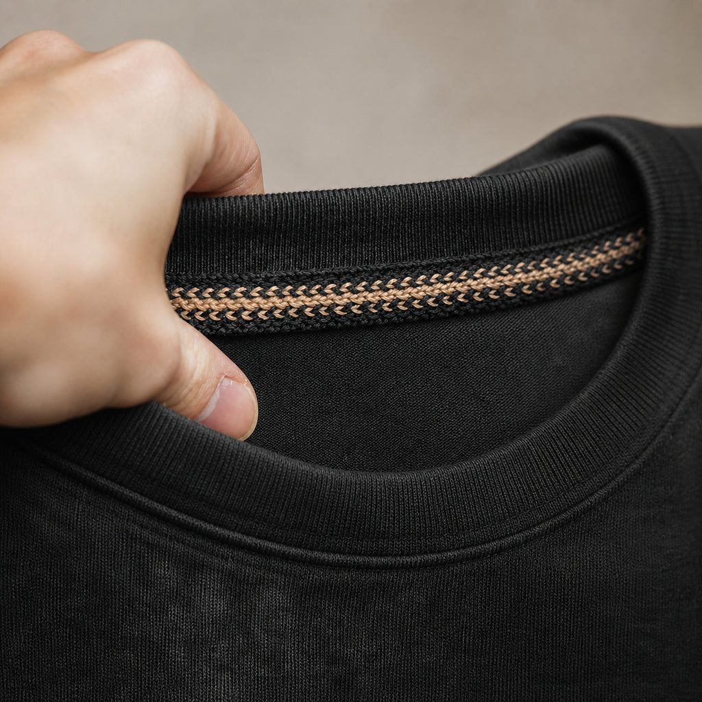 Close-up of the braided contrast neck tape inside the collar