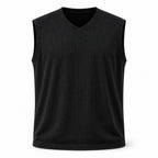 Black ribbed v-neck tank, flat front view
