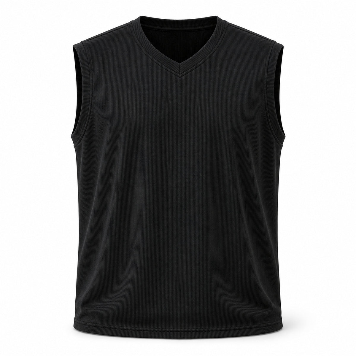 Black ribbed v-neck tank, flat front view