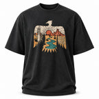 Washed black thunderbird tee with stitched desert artwork, flat front view