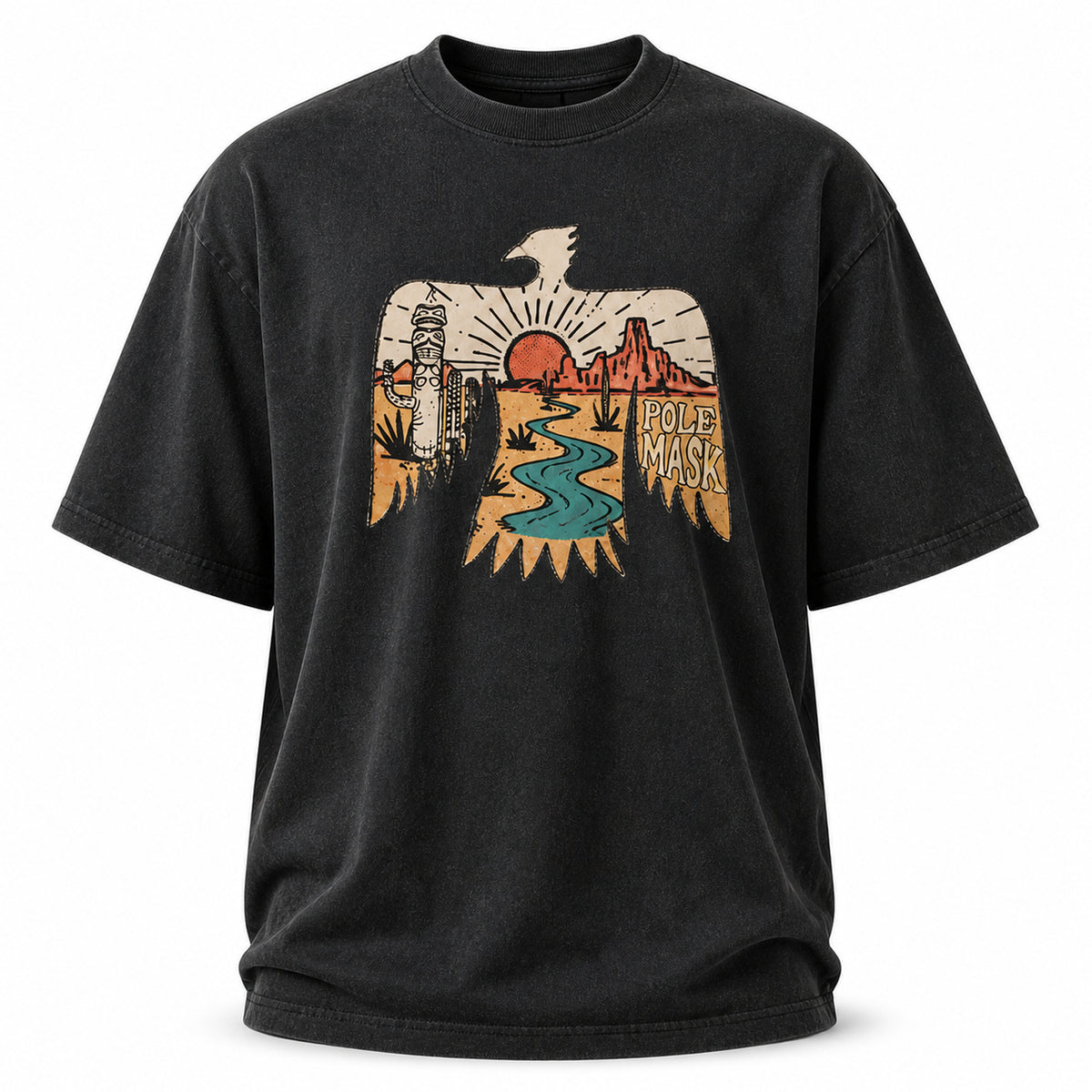 Washed black thunderbird tee with stitched desert artwork, flat front view