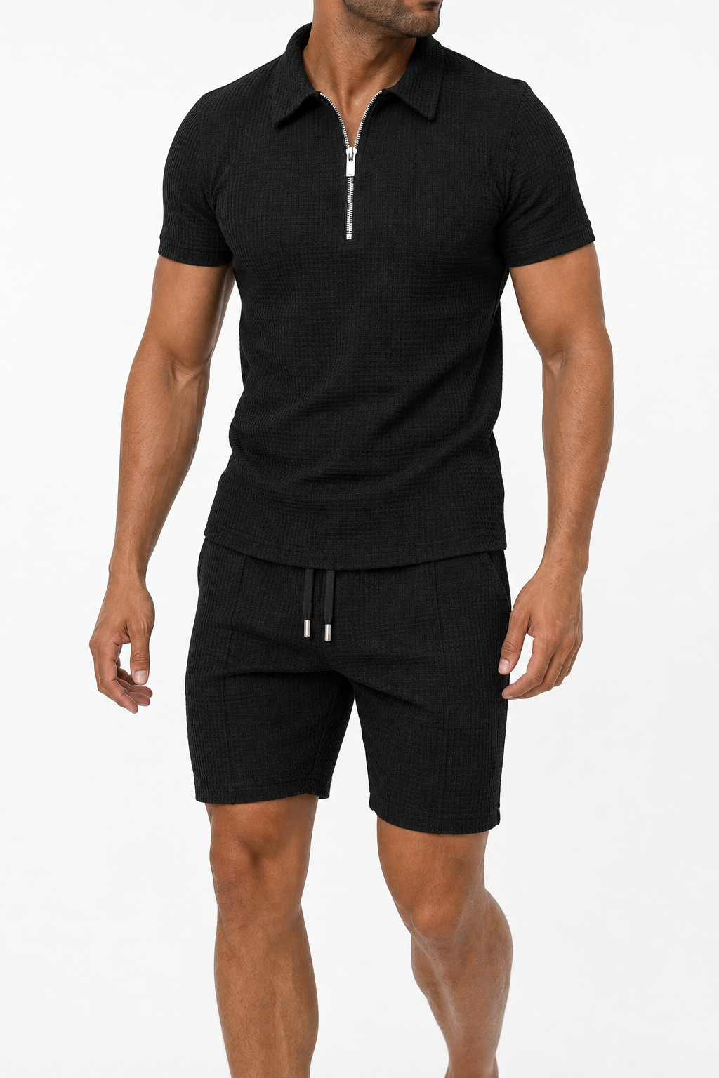 Zip Collar Polo Set in Black — waffle knit, studio shot