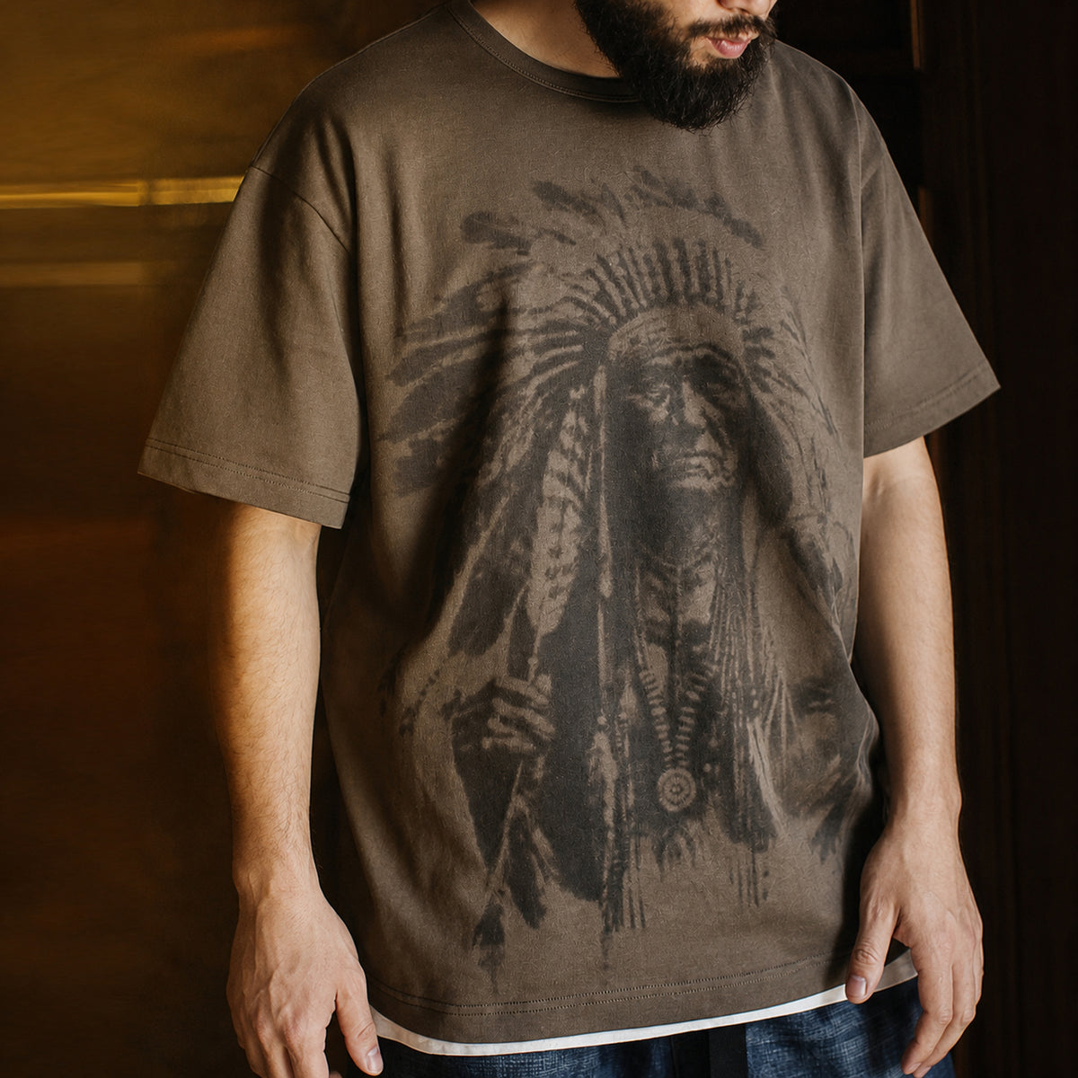 Man wearing the coffee chief portrait tee, front view