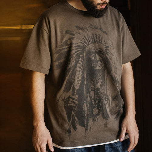 Man wearing the coffee chief portrait tee, front view