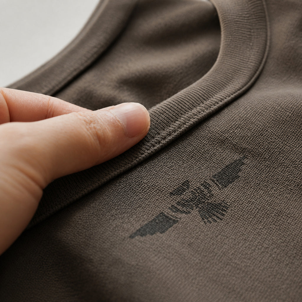 Close-up of the coffee tee's collar and small bird motif detail