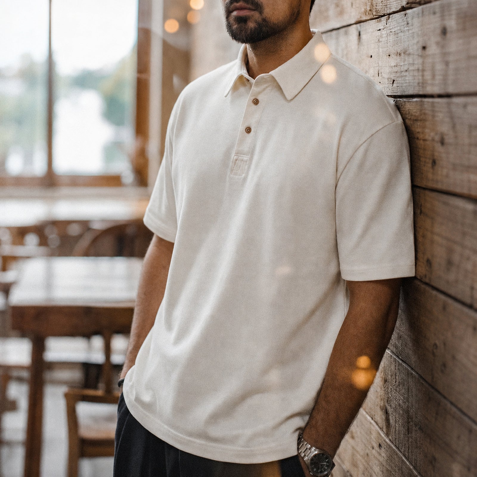 Man wearing the creamy white retro polo, casual scene