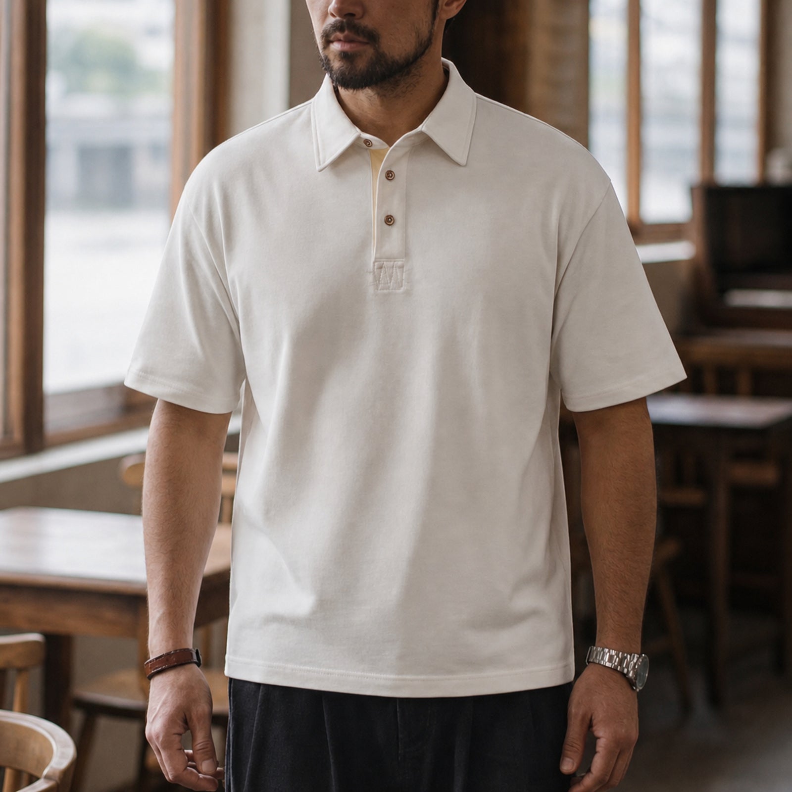 Man in the creamy white boxy retro polo with dark trousers