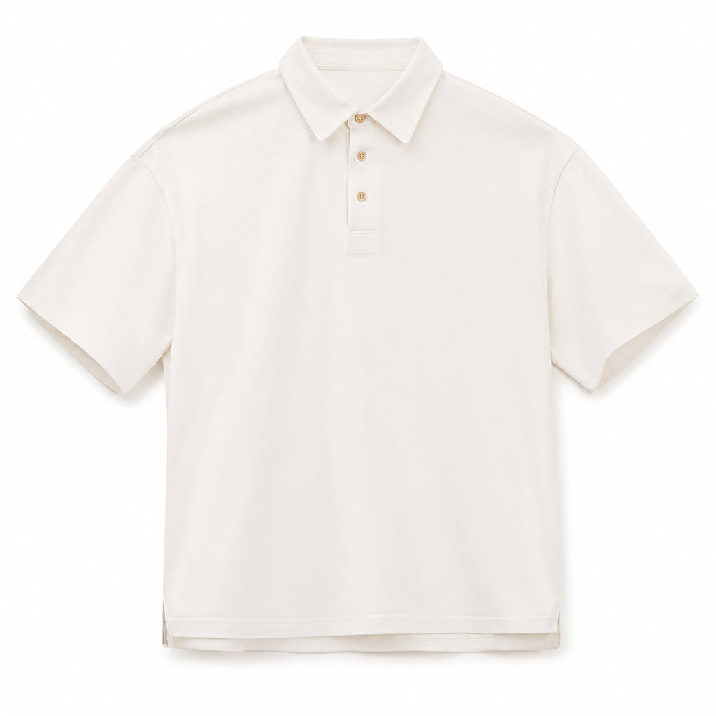 Creamy white retro polo shirt, flat front view