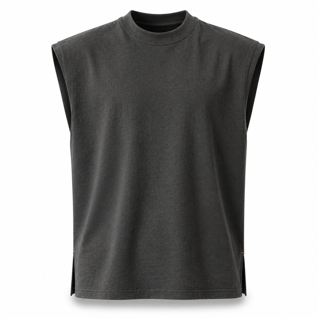 Dark grey knit shoulder vest, flat front view