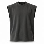Dark grey knit shoulder vest, flat front view