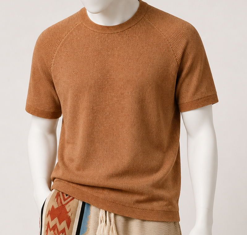 Close-up of the marled terracotta knitted tee on a mannequin, crew neck and raglan sleeve seams visible