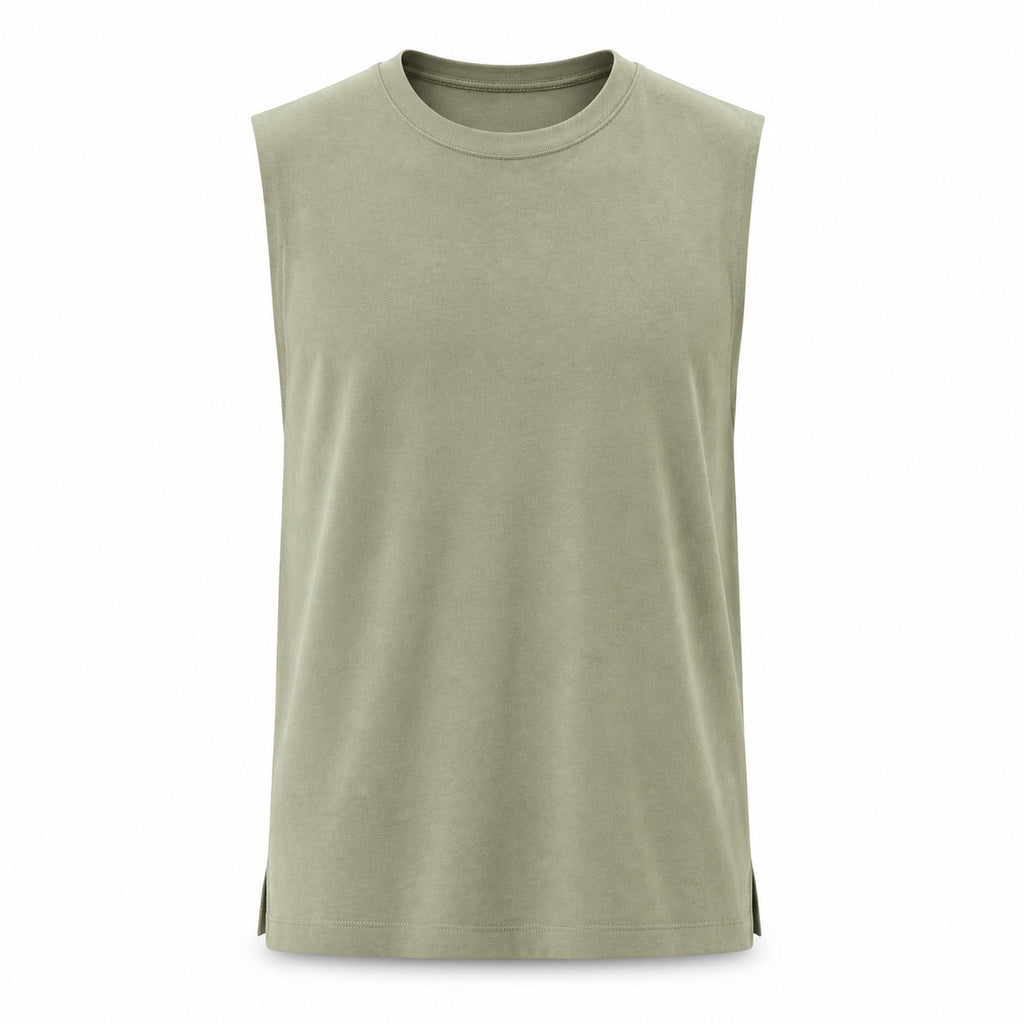 Sage green heavyweight cotton tank with side-slit hem, flat front view