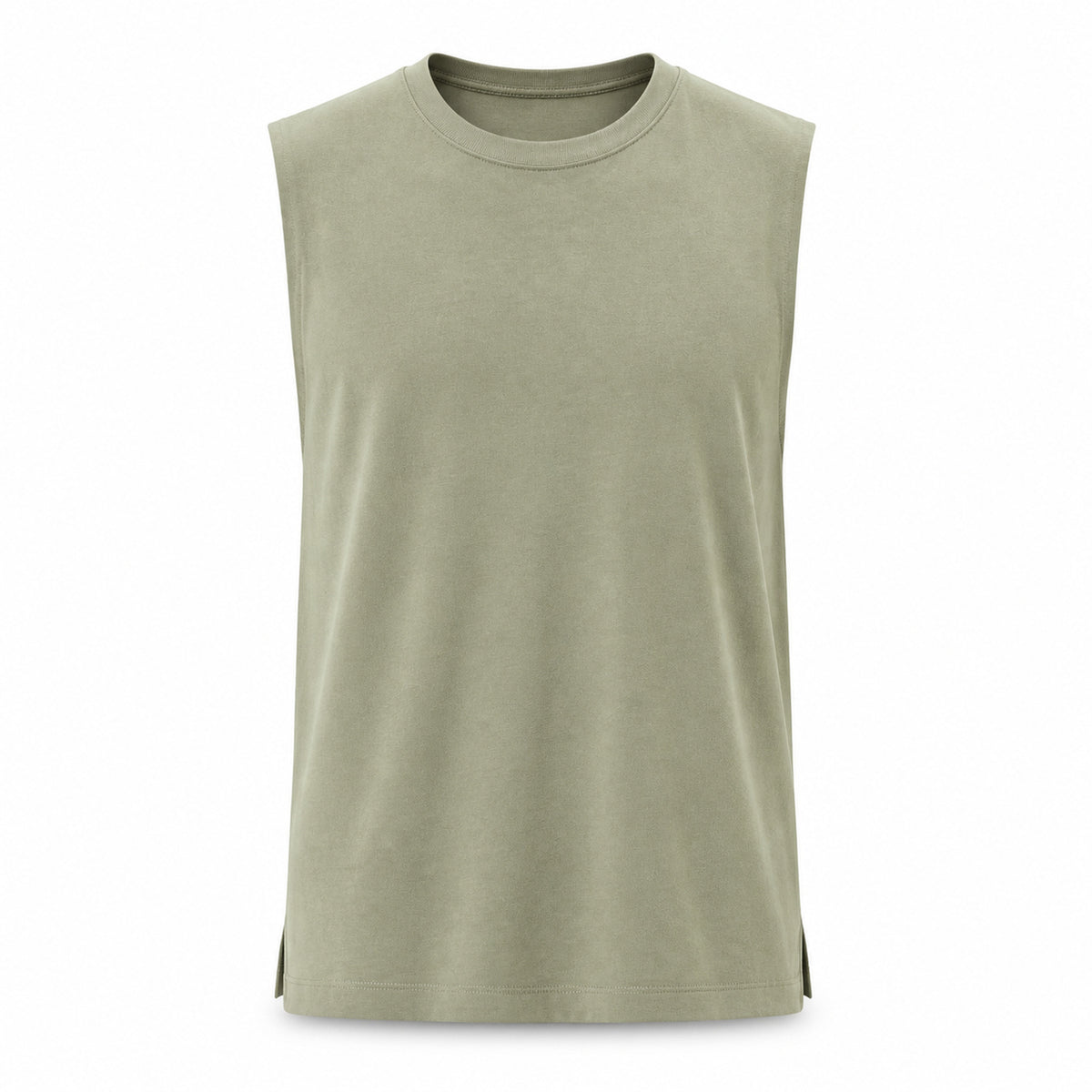 Sage green heavyweight cotton tank with side-slit hem, flat front view