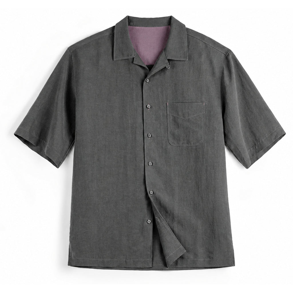 Grey lyocell camp collar shirt with chest pocket, flat front view