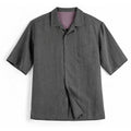 Grey lyocell camp collar shirt with chest pocket, flat front view