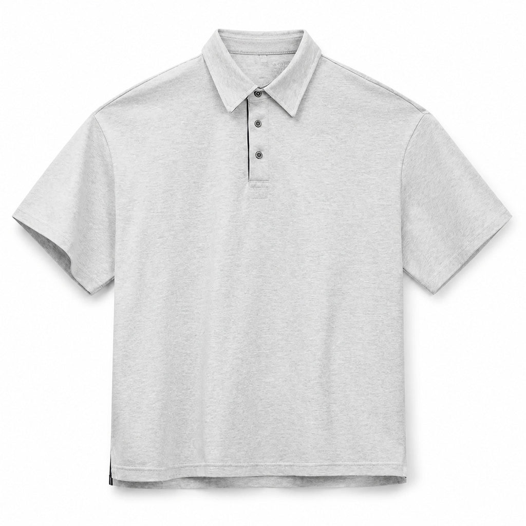 Heather grey retro polo shirt with side-slit hem, flat front view