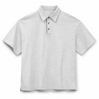 Heather grey retro polo shirt with side-slit hem, flat front view