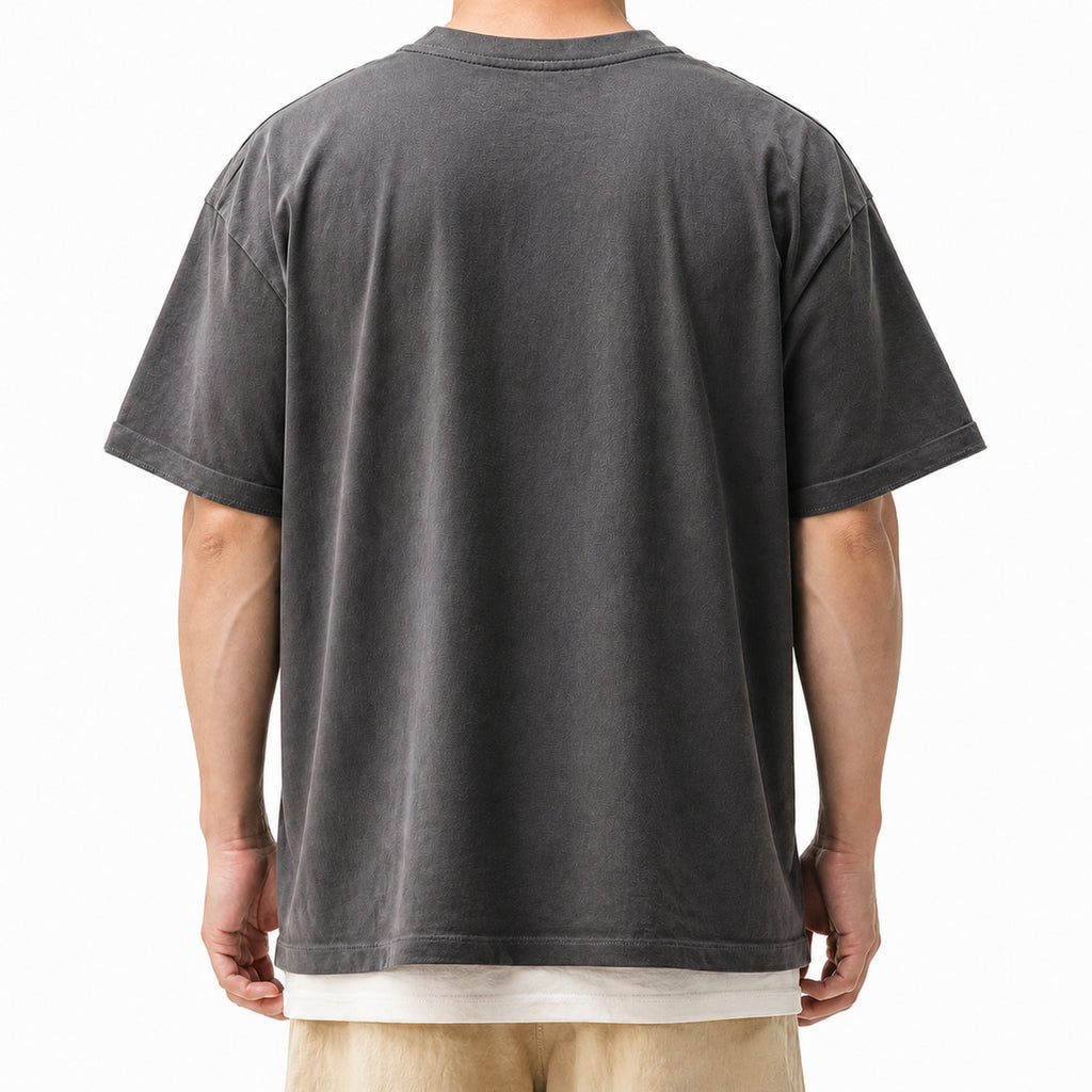 Back view of the washed charcoal utility tee