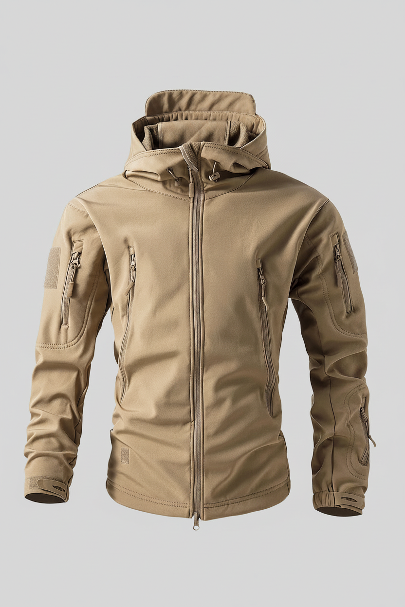 Men's Tactical Softshell Jacket in Khaki — front view, hood up
