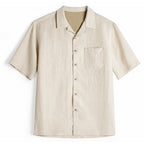 Khaki lyocell camp collar shirt with chest pocket, flat front view