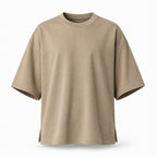 Khaki oversized boxy t-shirt, flat front view