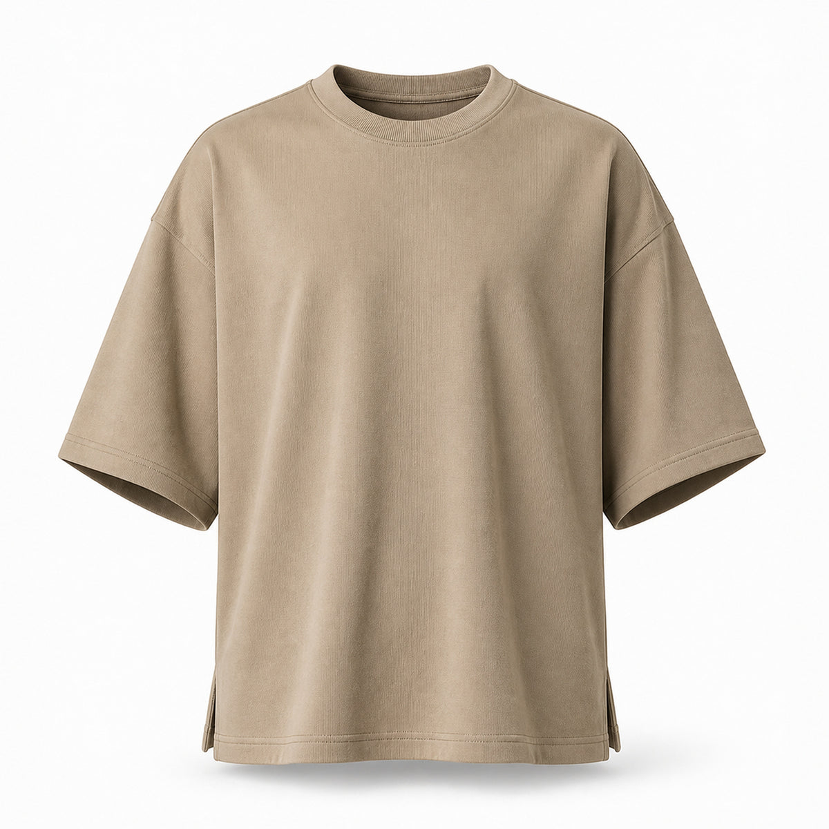 Khaki oversized boxy t-shirt, flat front view