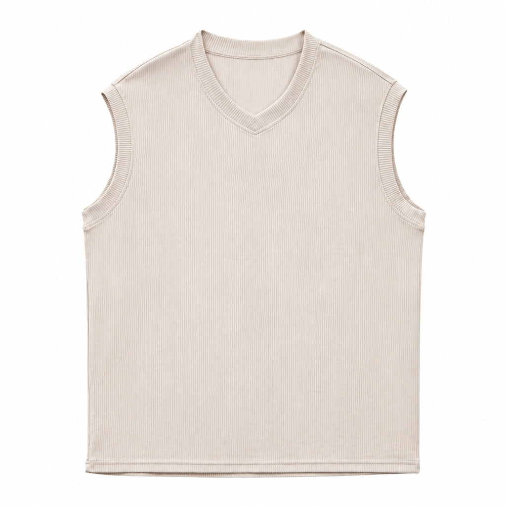 Khaki ribbed tank with crew back, flat rear view