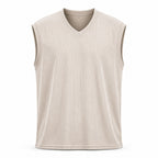 Khaki ribbed v-neck tank, flat front view