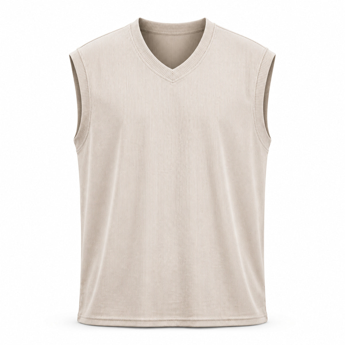 Khaki ribbed v-neck tank, flat front view