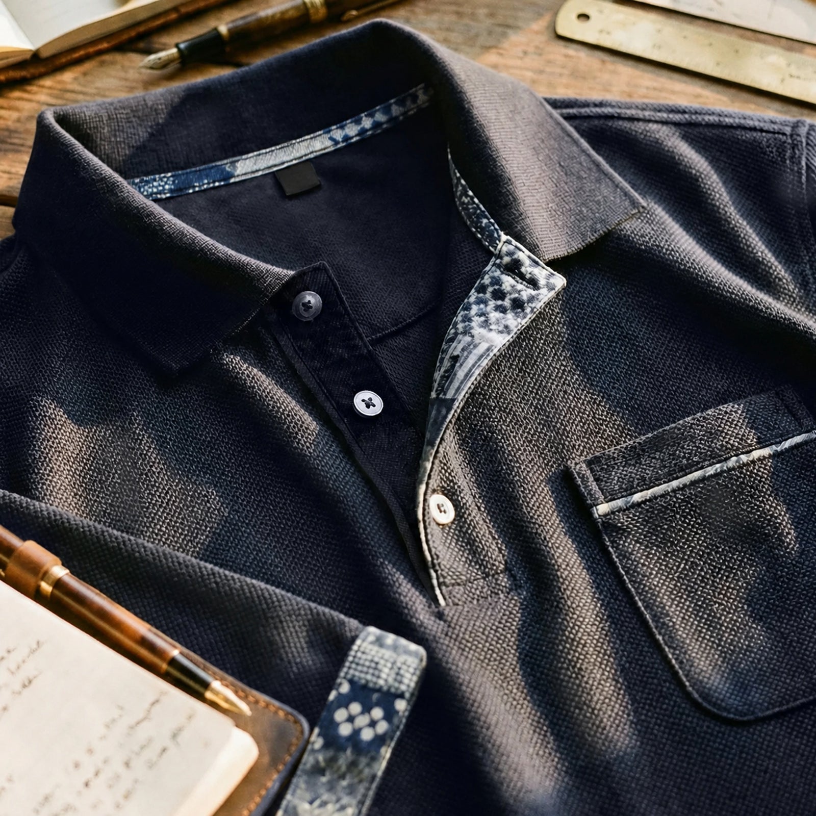 Close-up of the navy polo's indigo pattern trim on placket and collar