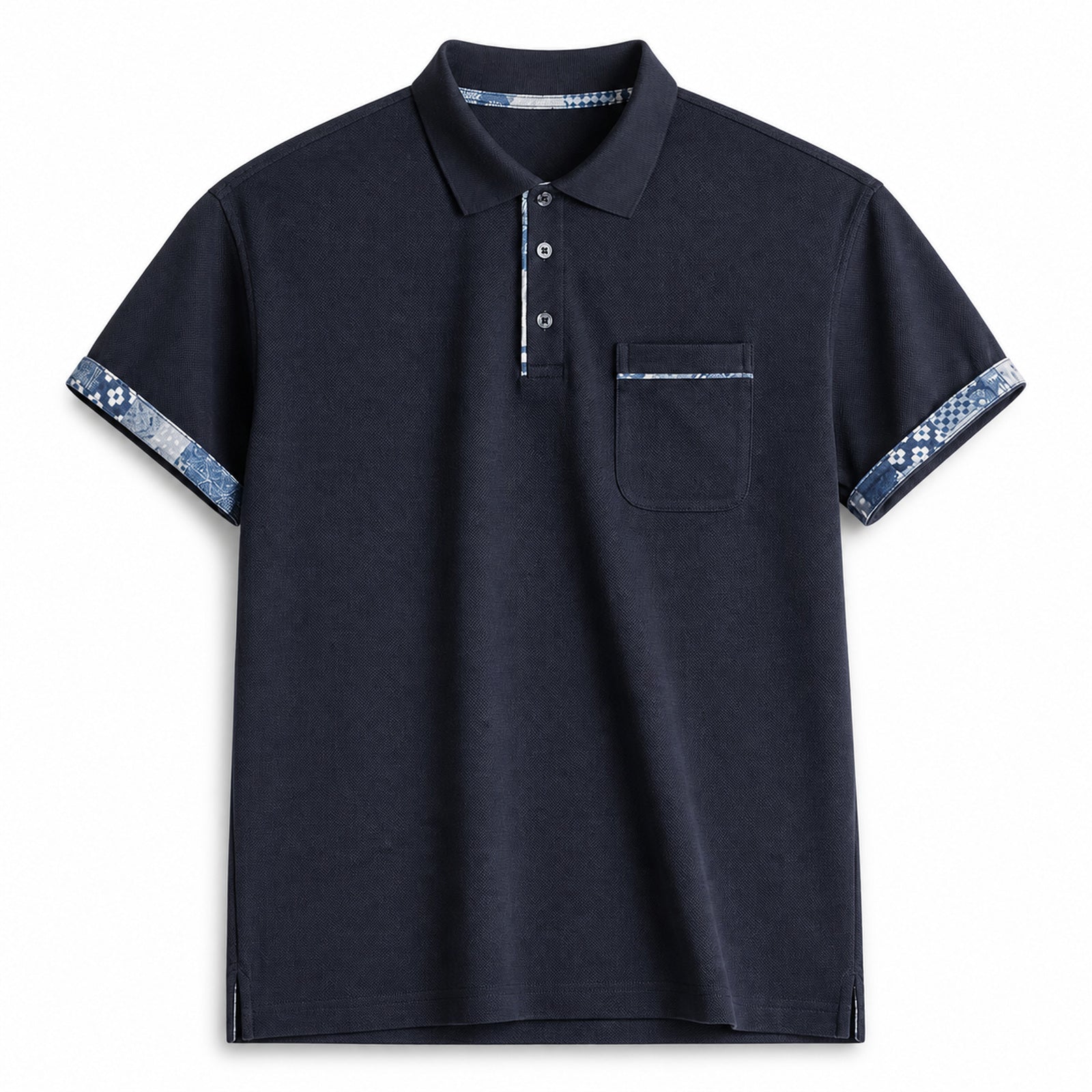 Navy pocket polo with indigo pattern trim at cuffs, flat front view