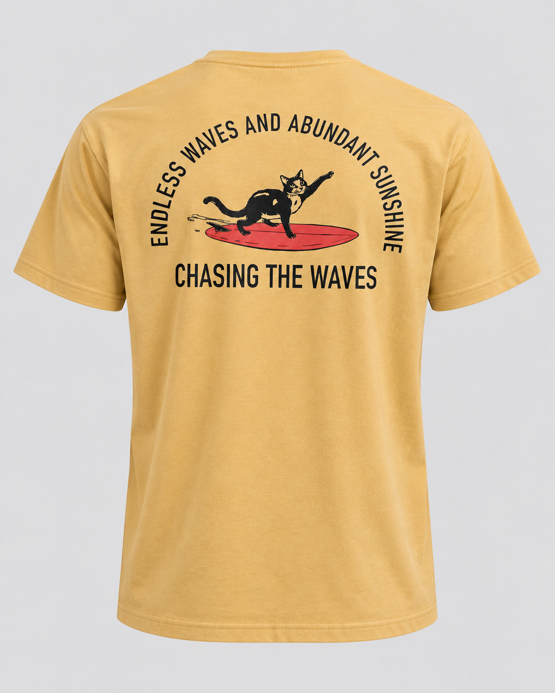 Surf Cat Tee in mustard yellow, back view on an invisible mannequin, yellow T-shirt only; no white undershirt included.
