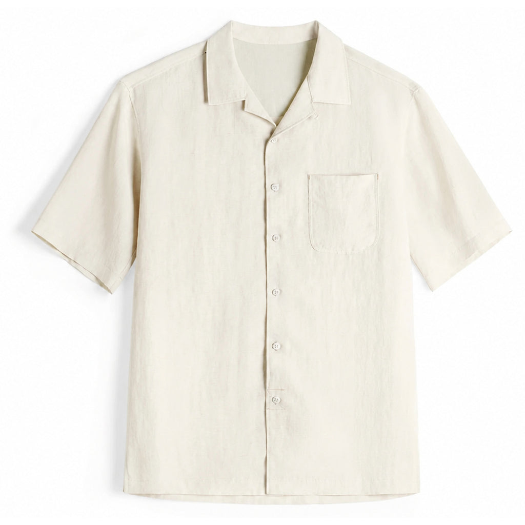 White lyocell camp collar shirt with chest pocket, flat front view